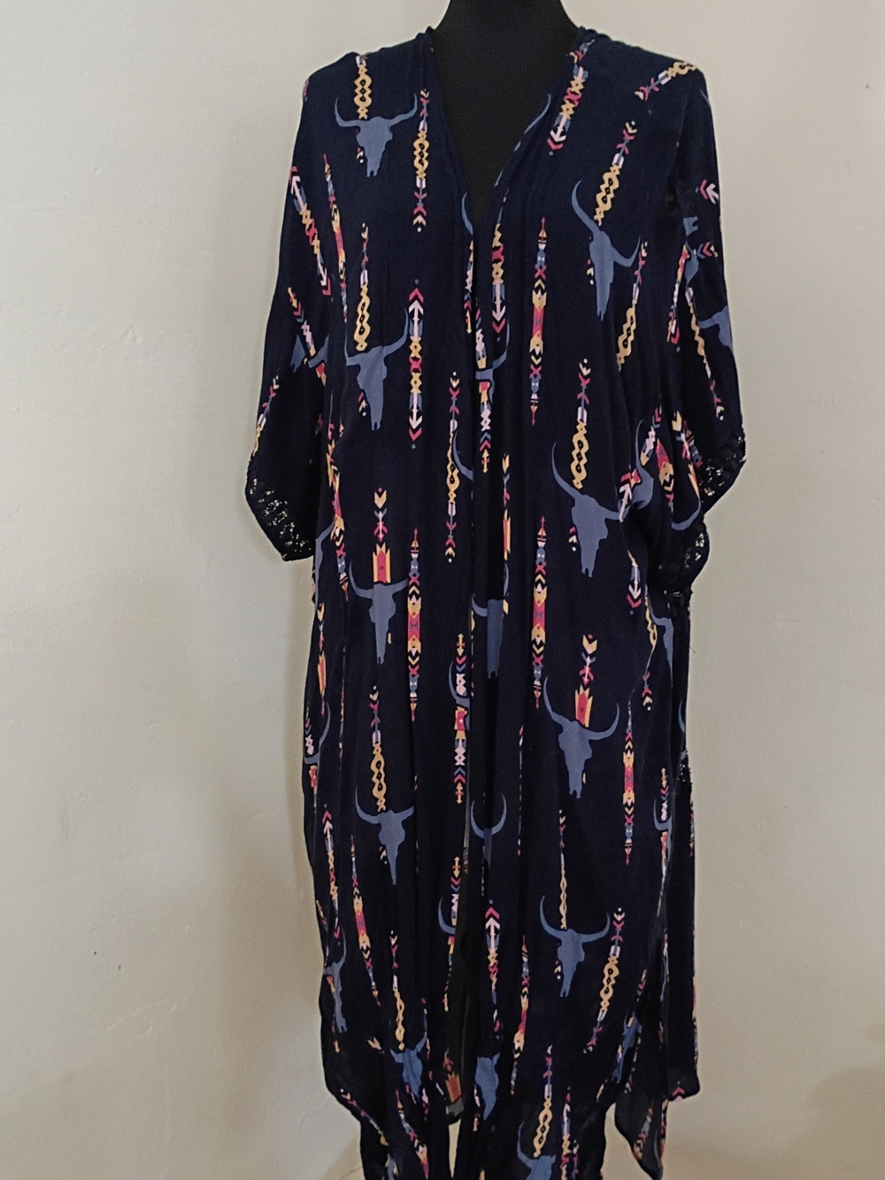 Ariat Navy Printed Long Kimono with Blue & Pink Accents
